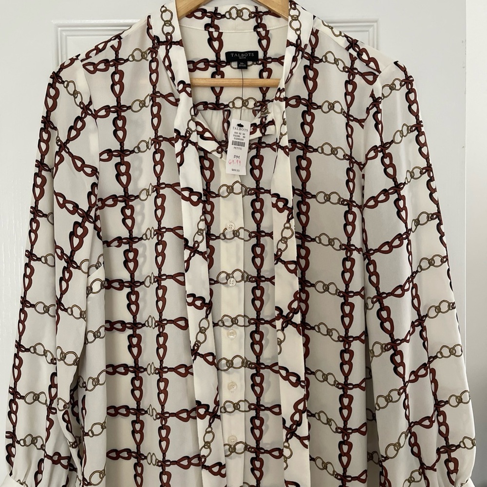 Talbots Tie Neck Blouse Chain Print - Petite Medium